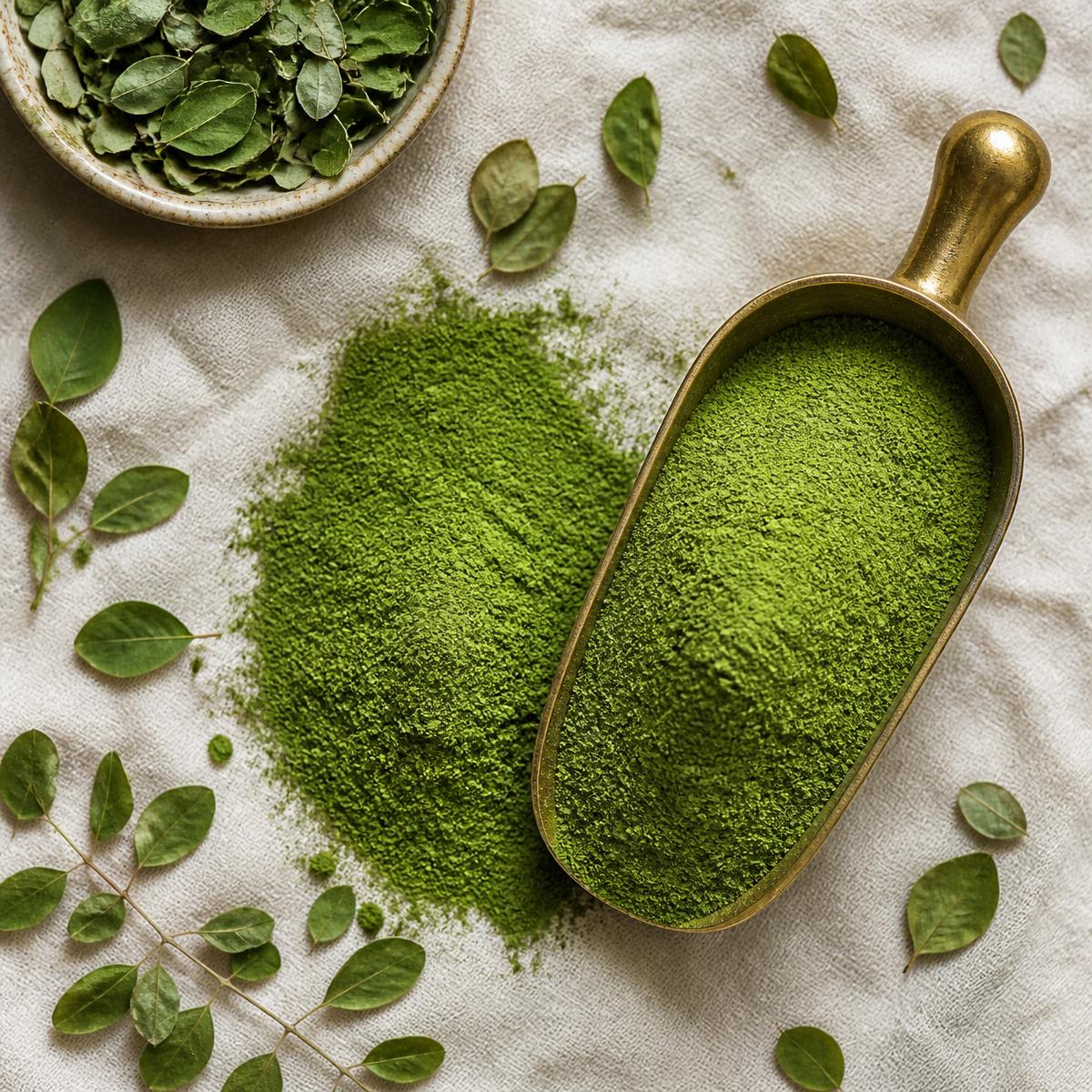 Fine green moringa leaf powder with a brass scoop on linen